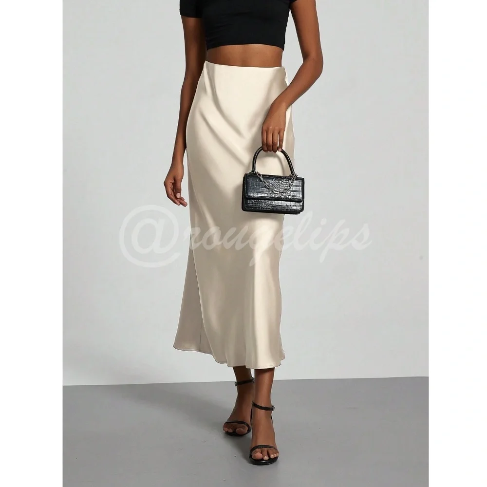 Champagne Beige Satin A-Line Skirt High Waisted Long - Picture 4 of 11
